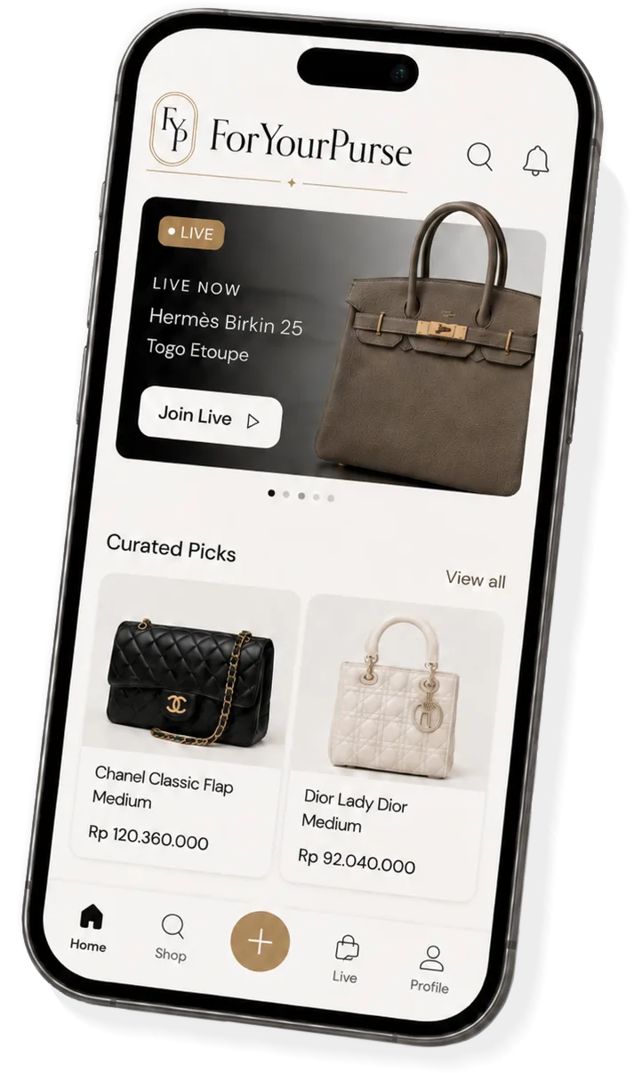 ForYourPurse mobile app preview — Home screen showcasing curated luxury handbag listings and live streaming sessions